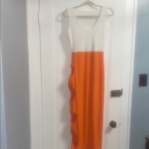 Elegant Orange and White Sleeveless Dress